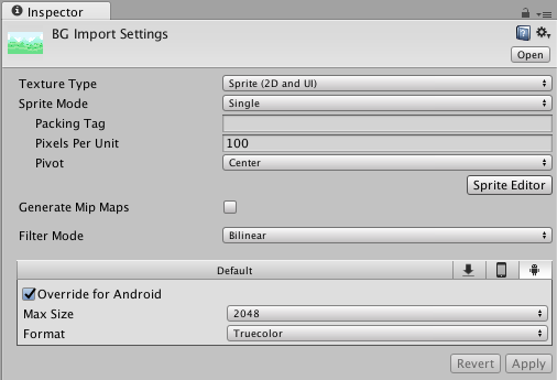 bg sprite import setting