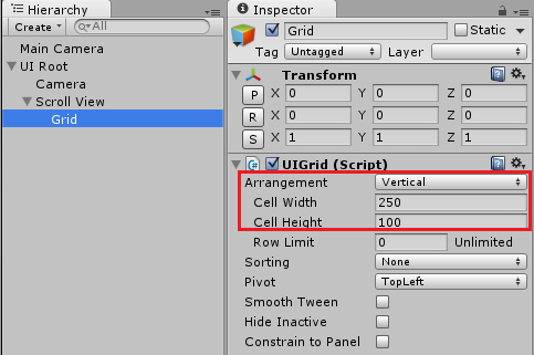 set parameters of uigrid component 