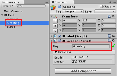 set greeting to key parameter of localize component