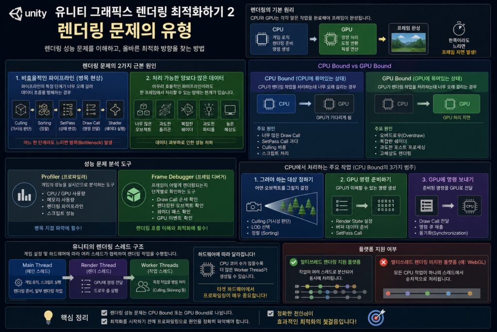 Unity 렌더링 최적화에서 CPU Bound와 GPU Bound 병목 구조를 설명하는 인포그래픽