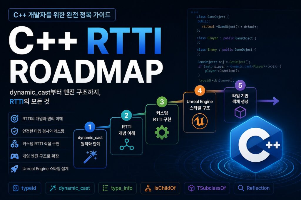 C++ RTTI 시리즈 전체 구조와 dynamic_cast부터 커스텀 RTTI, 게임 엔진 설계까지의 학습 흐름을 설명하는 다이어그램