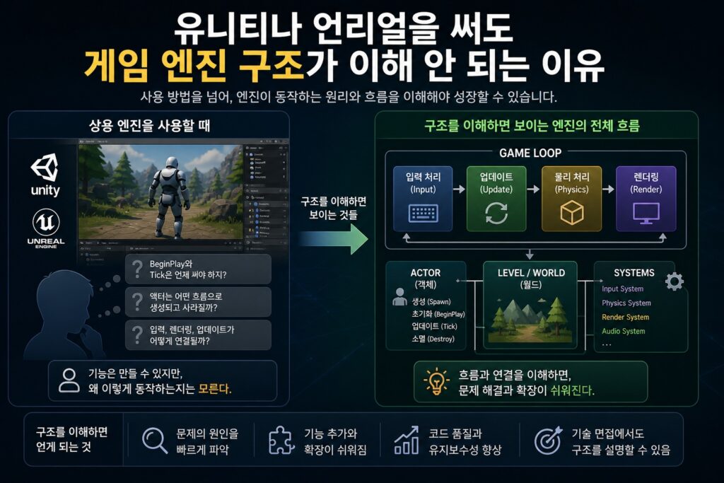 유니티와 언리얼 사용 시 게임 엔진 구조를 이해하지 못하는 이유와 Game Loop, Actor, 시스템 연결 흐름 비교 다이어그램