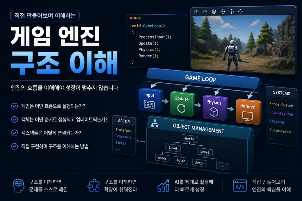 게임 엔진 구조 이해를 위한 Game Loop, Actor, 객체 관리, 시스템 연결 흐름을 설명하는 다이어그램