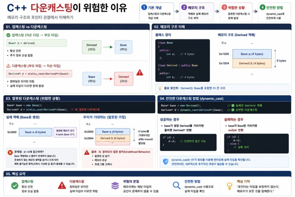 C++ 다운캐스팅이 위험한 이유를 메모리 구조와 포인터 관점에서 설명하는 인포그래픽