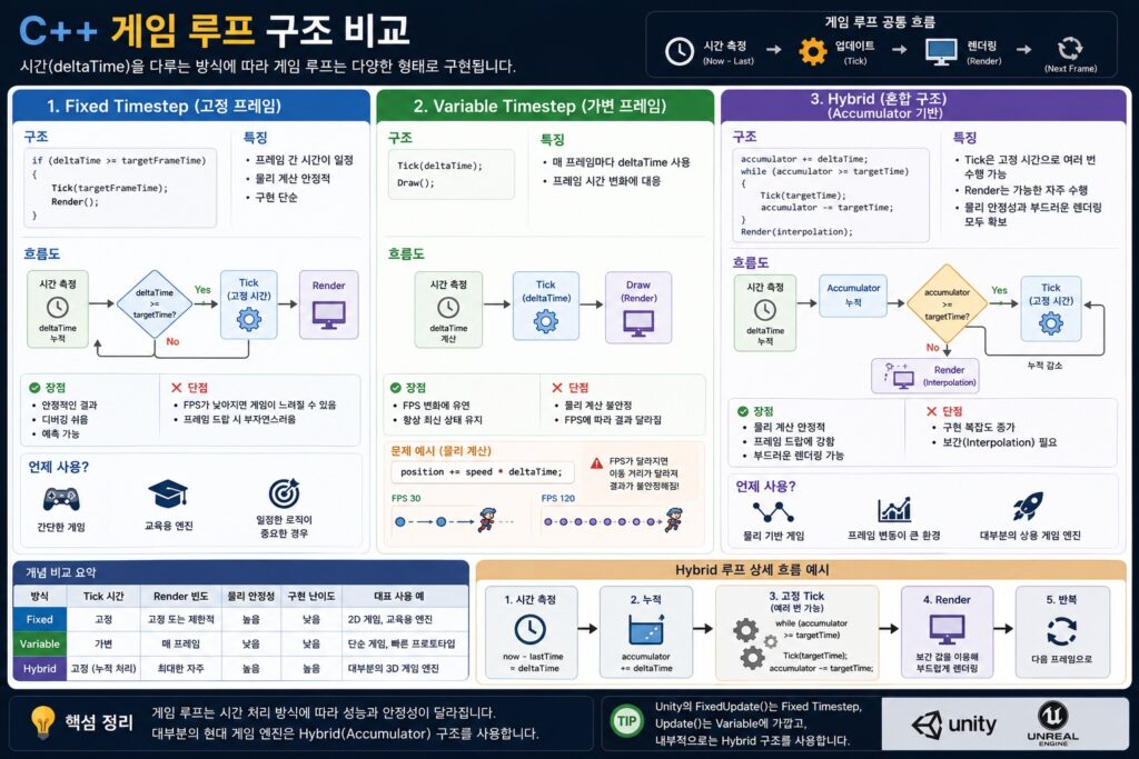 C++ 게임 루프에서 Fixed Timestep, Variable Timestep, Hybrid 구조를 비교 설명하는 인포그래픽