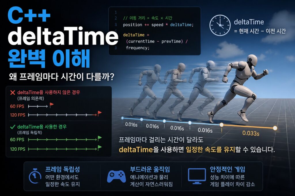 C++ deltaTime 개념 설명 이미지, 프레임 속도에 따른 이동 차이와 일정한 속도 유지 구조