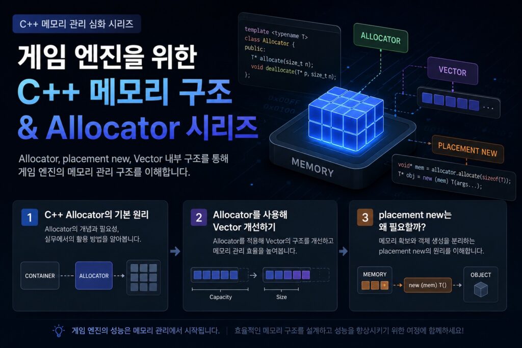 게임 엔진을 위한 C++ 메모리 구조와 Allocator 시리즈를 설명하는 이미지