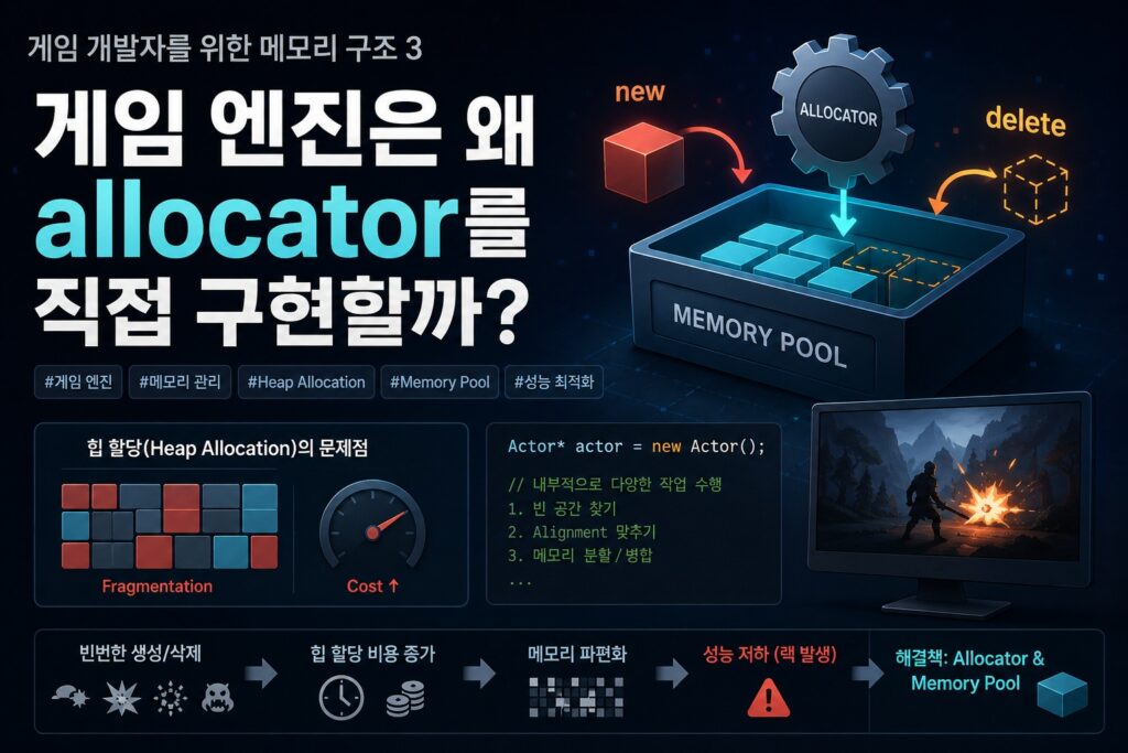 게임 엔진에서 allocator와 memory pool을 사용하는 이유를 설명하는 메모리 구조 이미지