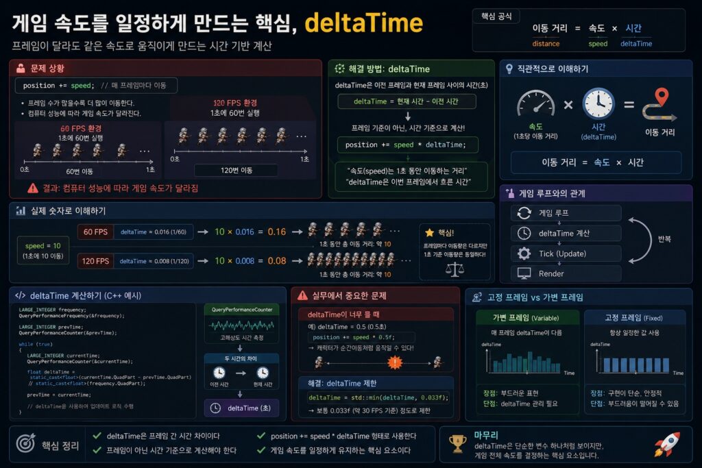 게임 엔진에서 deltaTime이 프레임 속도와 관계없이 일정한 게임 속도를 유지하는 원리를 설명하는 인포그래픽