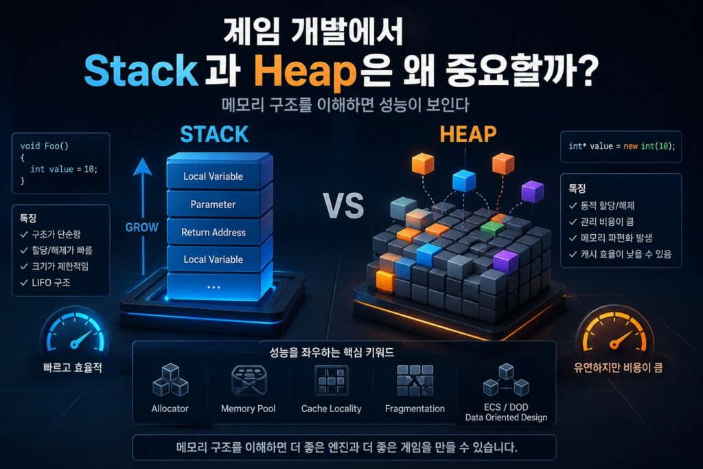 게임 개발에서 Stack과 Heap 메모리 구조 차이와 allocator, cache locality 개념을 설명하는 일러스트