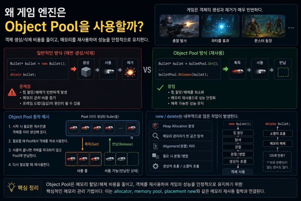 게임 엔진에서 Object Pool을 사용하는 이유와 메모리 재사용 구조를 설명하는 이미지