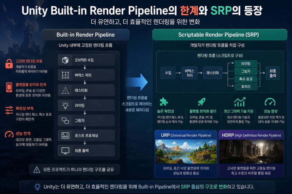 Unity Built-in Render Pipeline과 Scriptable Render Pipeline(SRP)의 구조적 차이와 등장 배경을 설명하는 인포그래픽