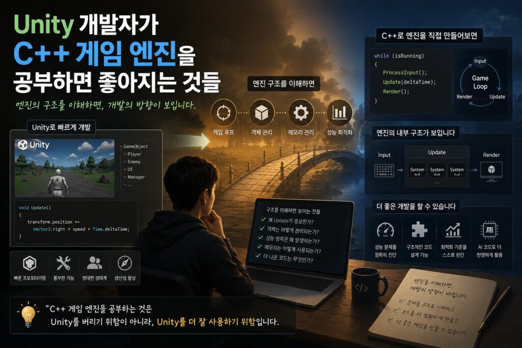 Unity 개발자가 C++ 게임 엔진 구조를 공부하며 게임 루프, 메모리 구조, 객체 관리, 최적화를 이해하는 과정을 표현한 이미지