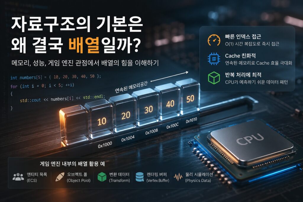 게임 엔진에서 배열(Array) 자료구조가 Cache Locality와 연속 메모리 구조 측면에서 왜 중요한지 설명하는 이미지